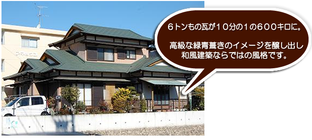 ６トンもの瓦が１０分の１の６００キロに。高級な緑青葺きのイメージを醸し出し和風建築ならではの風格です。